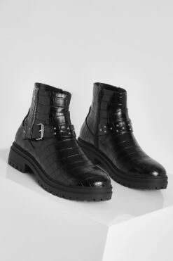 Breite Passform Stiefel Mit Seitlichem Reißverschluss Und Kroko-Schnalle 8 Breite Passform Stiefel Mit Seitlichem Reißverschluss Und Kroko-Schnalle -Nerf Verkäufe gzz15136 black xl 2