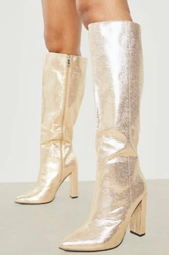 Spitze Kniehohe Metallic-Stiefel Mit Absatz
